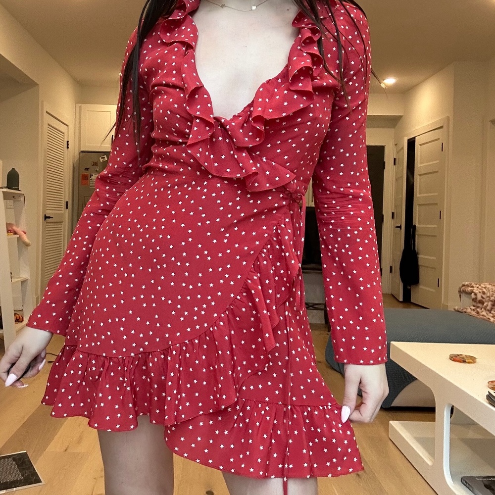 Realisation Par Red Star Print Crepe Ruffle Long Sleeve Mini Wrap Dress